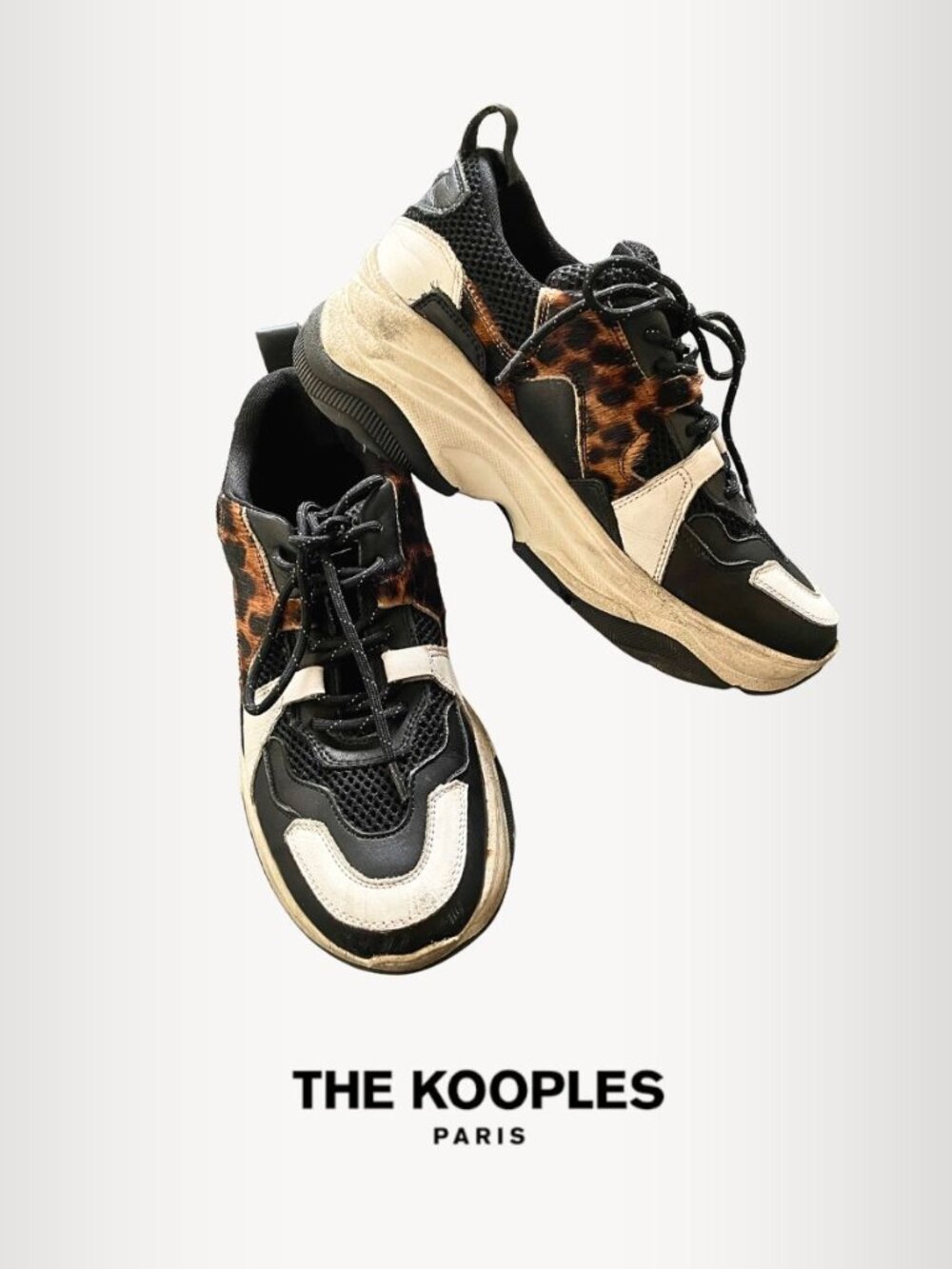 The Kooples Unique Black and White Leather Trainers with Leopard Print, Size: 39